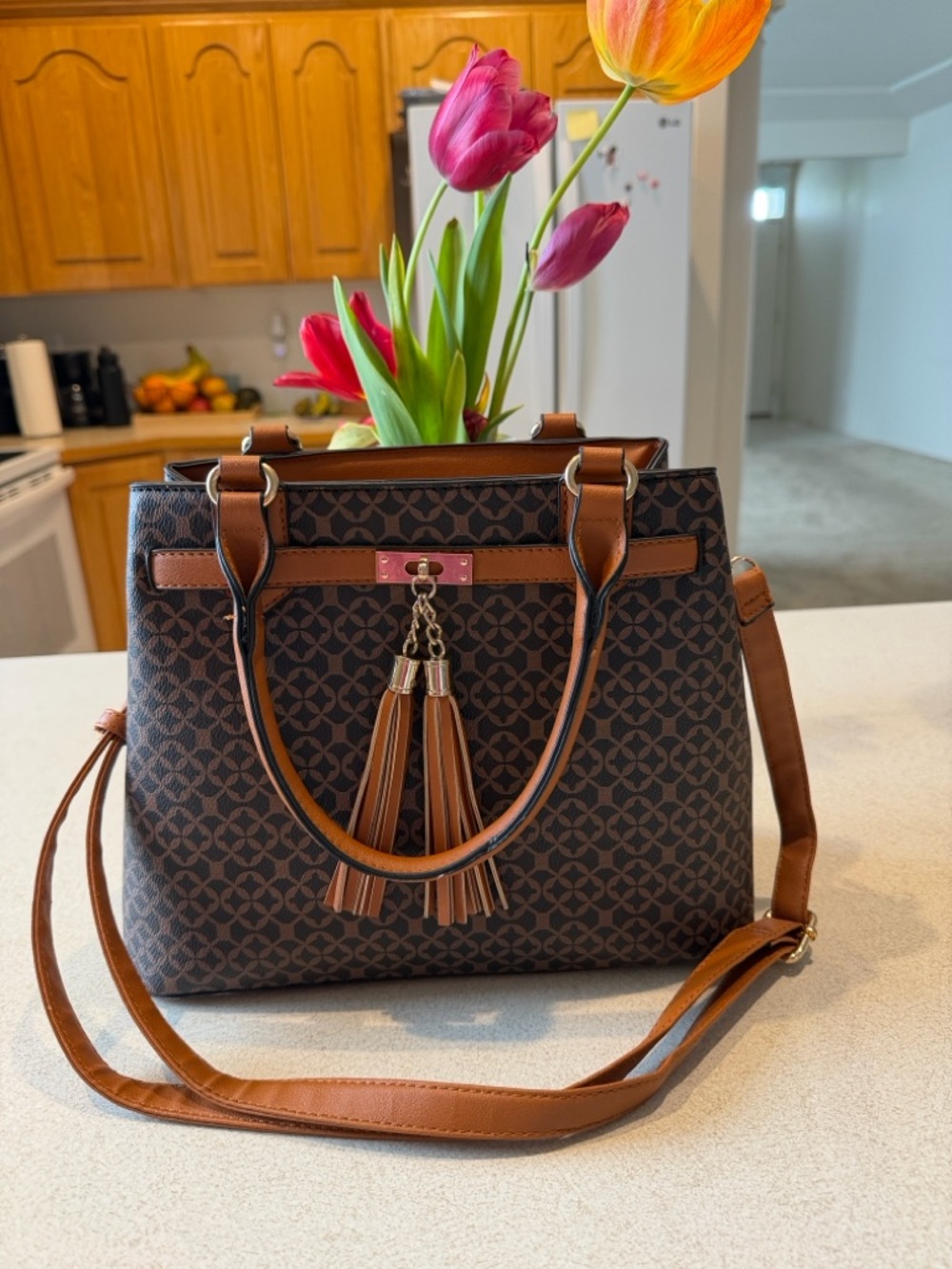 Brown Patterned Satchel Handbag with Tassel Accent - Women Bags